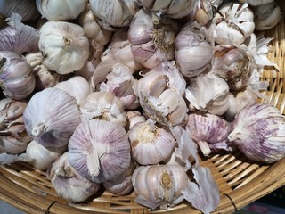 Garlic on the basket for sale in the market