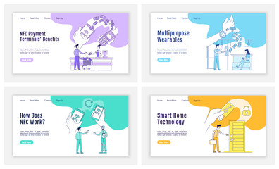 NFC tech landing page flat silhouette vector templates set. Contactless payments homepage layout. Smart home one page website interface with cartoon outline character. NFC devices web banner, webpage