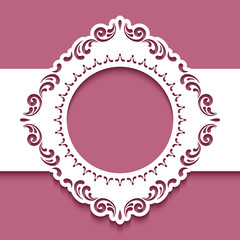 Cutout paper frame with swirly lace border. Belly band decoration. Vintage template for laser cutting. Elegant ornament for wedding invitation card design. 