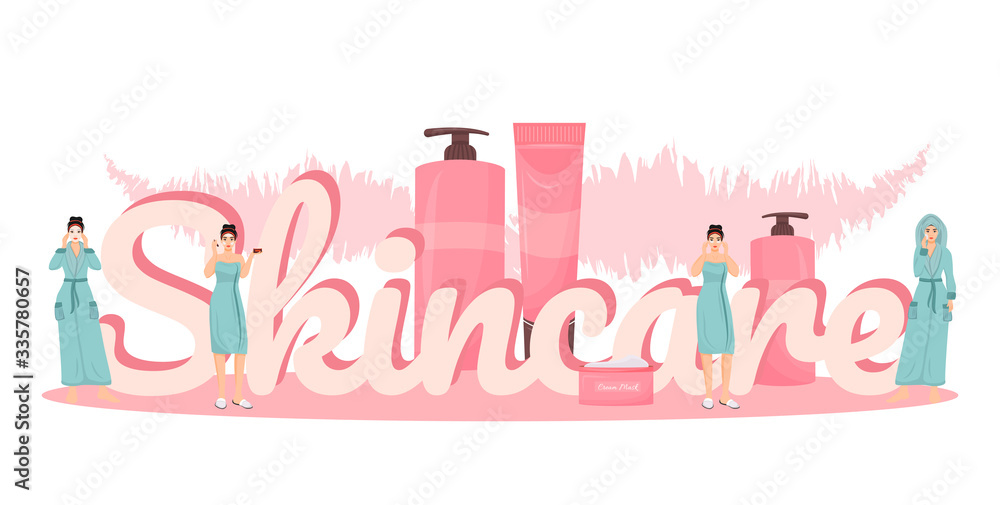 Poster skincare word concepts flat color vector banner. skin product and procedure. isolated typography wit