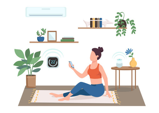 Woman controlling air conditioning flat color vector faceless character. Girl adjusting thermostat for workout. Smart climate control isolated cartoon illustration for web graphic design and animation