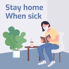 Naklejka premium Quarantine social media post mockup. Stay home when sick phrase. Web banner design template. Virus spread prevention booster, content layout with inscription. Poster, print ads and flat illustration