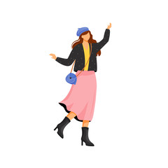 Woman in autumn outfit flat color vector faceless character. Cheerful female in skirt and high heel boots. Happy person in cold weather. Fall clothing isolated cartoon illustration