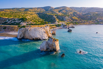 Island of Cyprus. View of the Mediterranean coast from a drone. Aphrodite's Rock. Aphrodite stone...