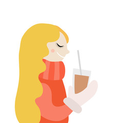 Cute Girl in Sweater Drinking Coffee. Sketch for your design