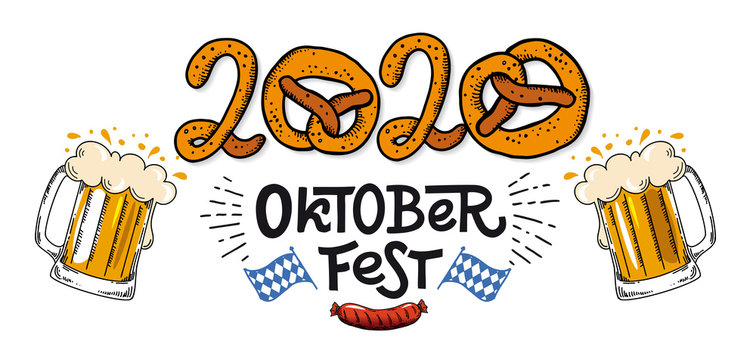 2020 Oktoberfest banner. Vector flat color illustration for German beer festival in Munich. Hand Drawn Lettering with picture of beer mug with foam, pretzel, grill sausage and Bavarian flag. 