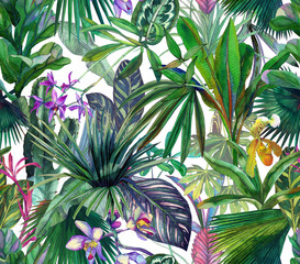 Tropical seamless pattern with tropical flowers, banana leaves. Round palm leaves, watercolor painted orchids.
