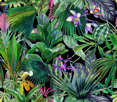 Tropical seamless pattern with tropical flowers, banana leaves. 
Round palm leaves, watercolor painted orchids.