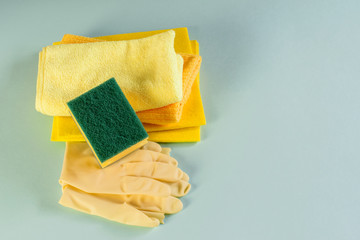 Minimum cleaning set for housekeeping. Top view, closeup. Higiene, house cleaning products.
