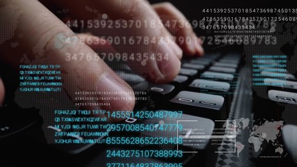 Man working on laptop computer keyboard with graphic user interface GUI hologram showing concepts of big data science technology, digital network connection and computer programming algorithm.