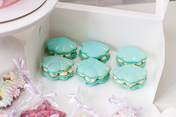 Mermaid theme candy bar with cake, cupcakes, macaroons and biscuits. Sea shell shaped macaroons with pearls.