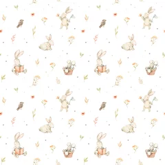 Plaid mouton avec motif Lapin Motif harmonieux d& 39 aquarelle avec de mignons lapins, souris, oiseaux et éléments floraux. Collection de printemps. Parfait pour les textiles pour enfants, les tissus, le papier d& 39 emballage, les draps, le papier peint, etc.