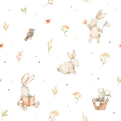 Aquarel naadloze patroon met schattige konijntjes, muis, vogel en bloemen elementen. Lente collectie. Perfect voor kindertextiel, stof, inpakpapier, linnengoed, behang enz