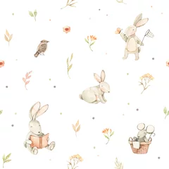 Wall murals Rabbit Watercolor seamless pattern with cute bunnies, mouse, bird and floral elements. Spring collection. Perfect for kids textile, fabric, wrapping paper, linens, wallpaper etc