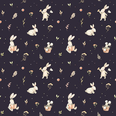 Watercolor seamless pattern with cute bunnies, mouse, bird and floral elements. Spring collection. Perfect for kids textile, fabric, wrapping paper, linens, wallpaper etc