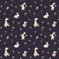Fotobehang Konijn Aquarel naadloze patroon met schattige konijntjes, muis, vogel en bloemen elementen. Lente collectie. Perfect voor kindertextiel, stof, inpakpapier, linnengoed, behang enz