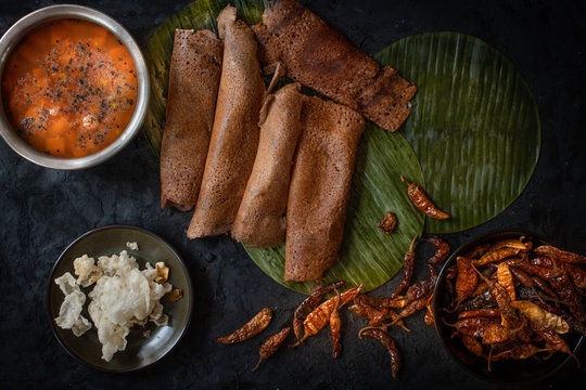 Millet Dosa Pancake With Sambar And Dahi Mirchi