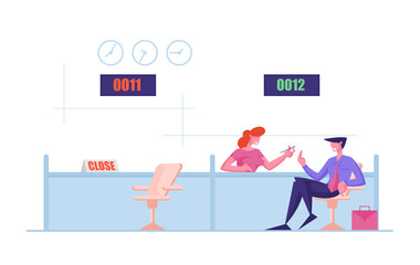 Bank Office Worker and Business Man Client Communication. Male Customer Character Sitting at Desk Communicate with Operator Woman. People Visiting Bank for Banking Service. Cartoon Vector Illustration