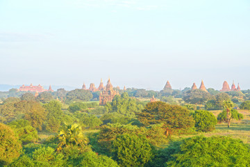 Aerial view Landscape Nature of many ancient pagoda on the field at Bagan , Mandalay , Myanmar is best famous landmark                              