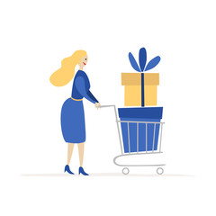 Woman pulling shopping trolley with gift boxes. Character isolated on white