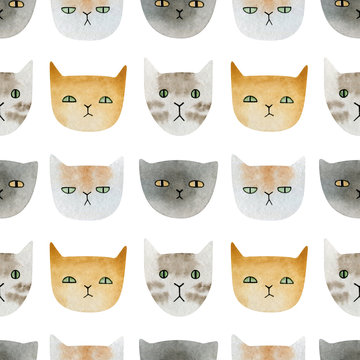 Watercolor hand-drawn seamless pattern with cat faces. Different cats in cartoon style. Funny kitten background for children party, textile, cover, wallpaper, decoration.