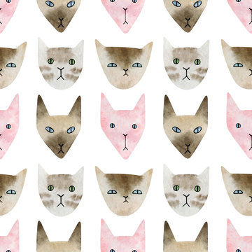 Watercolor hand-drawn seamless pattern with cat faces. Different cats in cartoon style. Funny kitten background for children party, textile, cover, wallpaper, decoration.