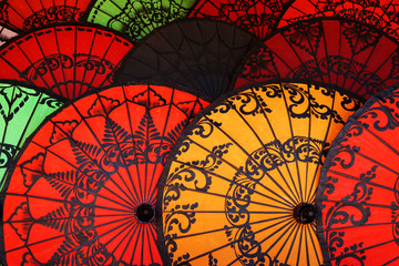 Abstract Scene of Famous Colorful umbrella is stacked at Ananda temple located in Bagan , Mandalay, Burma (Myanmar) - Backdrop