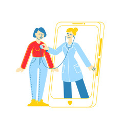 Online Healthcare Service. Professional Doctor Character on Big Smartphone Screen Listen Patient Heart Beating with Stethoscope. Hi-Tech Health Care Technologies. Linear People Vector Illustration