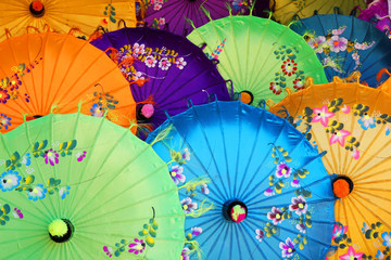 Abstract Scene of Famous Colorful umbrella is stacked at Ananda temple located in Bagan , Mandalay, Burma (Myanmar) Backdrop