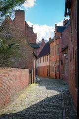 Empty cobblestone streets with red brick buildings from the Great Beguine of Leuven, Belgium, on a sunny day. Travel concept.