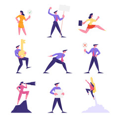 Fototapeta na wymiar Set of Business People with Banner in Hand, Flying with Rocket, Stand on Mountain Peak Look through Spyglass. Male and Female Characters Carry Huge Gold Key, Run at Work. Cartoon Vector Illustration