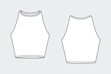 Female crop top vector template isolated on a grey background. Front and back view. Outline fashion technical sketch of clothes model. © Fanast