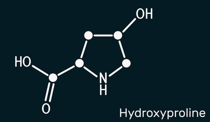 Hydroxyproline , Hyp, C5H9NO3 molecule. It is is a common proteinogenic amino acid and a major component of the protein collagen. Structural chemical formula on the dark blue background