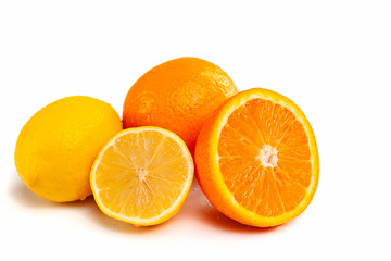 Orange and lemon on a white background.