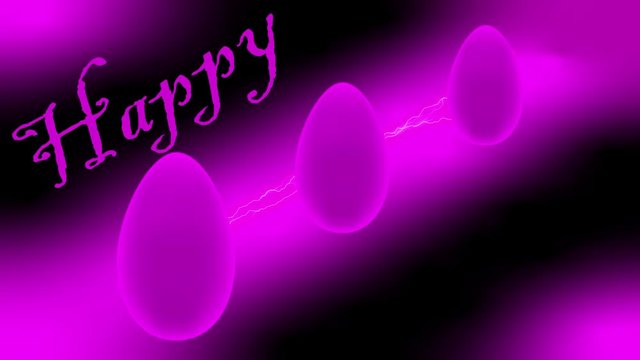Greeting video card with the image of Easter eggs in space, between which a lightning of purple color sparkles with the inscription "Happy Easter" pierced by lightning