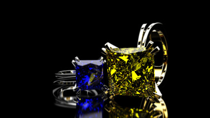 Solitaire Platinum and Yellow Gold Engagement Ring with Fancy Pricess Yellow and Blue Diamonds. Isolated on Black background. 3D Rendering.