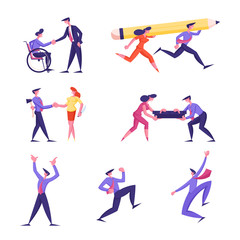 Set of Business People Hiring Disabled Man at Work, Carry Huge Pencil, Prepare Betrayal. Male and Female Character Building Bridge, Express Enjoyment and Celebrate Victory. Cartoon Vector Illustration