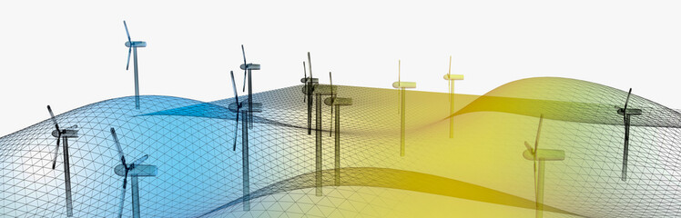 Wind turbines horizontal background, wireframe technique. Original 3d rendering.