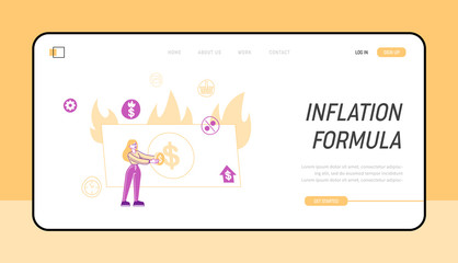 Inflation, Price Rising and Stock Market Recession Landing Page Template. Female Character with Coin in Hand at Huge Burning Paper Money Bill. Economics Crisis, Lost Profit. Linear Vector Illustration