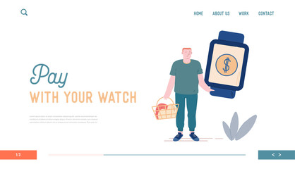 Cashless Payment Transaction Landing Page Template. Man Customer Use Smart Watch for Noncontact Paying in Supermarket Store. Male Character Shopping and Tech Consumerism. Cartoon Vector Illustration