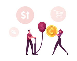 Male Character Inflate Balloon with Dollar Sign Using Pump. Economy Problem or Financial Crisis, Recession, Inflation, Bankruptcy, Income Lost and Loss of Capital. Cartoon People Vector Illustration