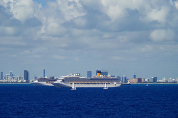 Italian cruiseships or cruise ship liners parked or anchored or laid up at sea in Miami Beach...