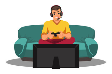 Gamer playing video game front of tv on white © backup_studio