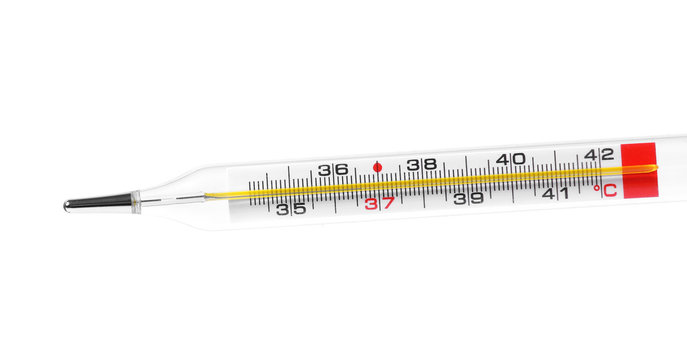 mercury thermometer, isolated on white background. glass thermometer. temperature 36.6