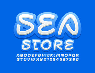 Vector creative banner Sea Store with Blue and White Font. Trendy Alphabet Letters and Numbers
