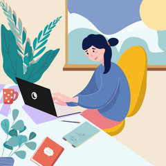 Freelance and telework or studying concept. Cute happy woman working on laptop at home. Career, work during quarantine. Flat vector illustration.