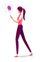 Young woman with phone and hashtag sign on white