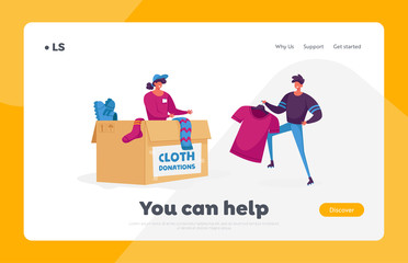 Woman Packing Box with Donating Things Landing Page Template. Charity Organization Help People in Troubles and Finance Problems. Volunteer Characters in Donation Center. Cartoon Vector Illustration