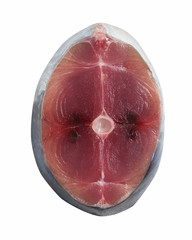 red tuna steak, isolated on white background, top view.