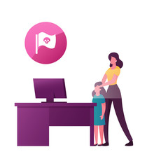 Woman Closing Daughter Eyes Protecting from Online Content. Censored Internet Information, Parenting Control. Little Girl Stand at Desk with Computer. Cartoon People Characters Vector Illustration